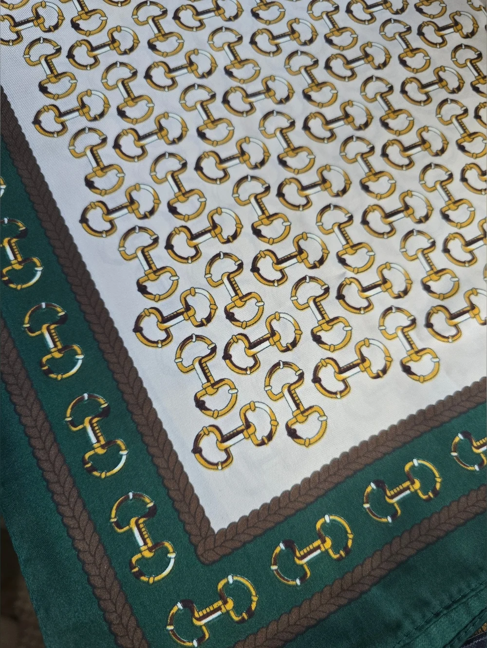 Equestrian Print Silk-Style Scarf in Green, White & Gold - Picture 2 of 3